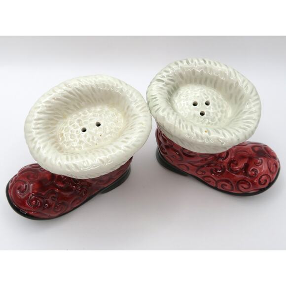 Vintage Fitz and Floyd Ceramic Red Christmas Santa Boot Salt & Pepper Shakers - Picture 7 of 12